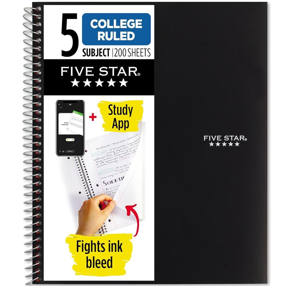 Five Star Spiral Notebook + Study App, 5 Subject, College Ruled Paper, 8-1/2" x 11", 200 Sheets, ... | Amazon (US)