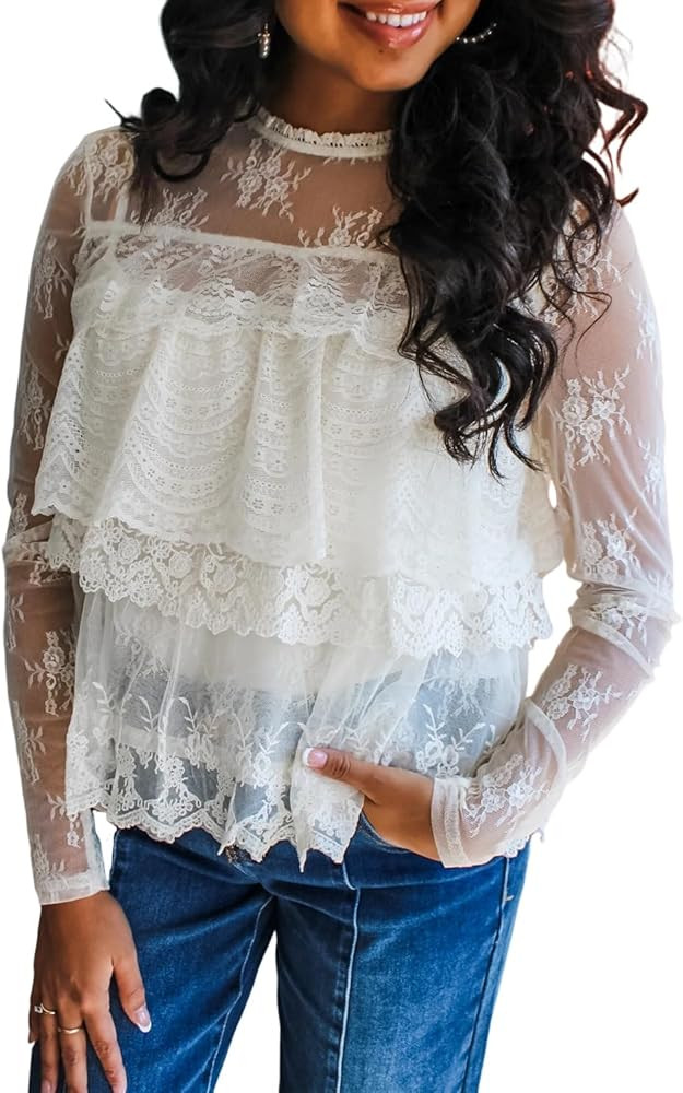 LALAGEN Womens Long Sleeve Shirt White Sheer Floral Lace Ruffle Tiered Patchwork Long Sleeve Top | Amazon (US)
