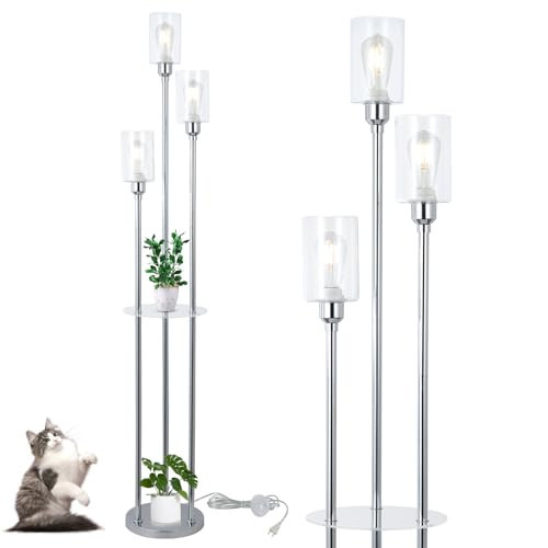 HMVPL Modern Floor Lamps for Living Room, Silver Floor Lamp for Bedroom with Acrylic Shelves, 3-Light Chorme Standing Lamp with Glass Shades, On/Off Foot Switch, Tall Lamp for Corner Office (66") | Amazon (US)