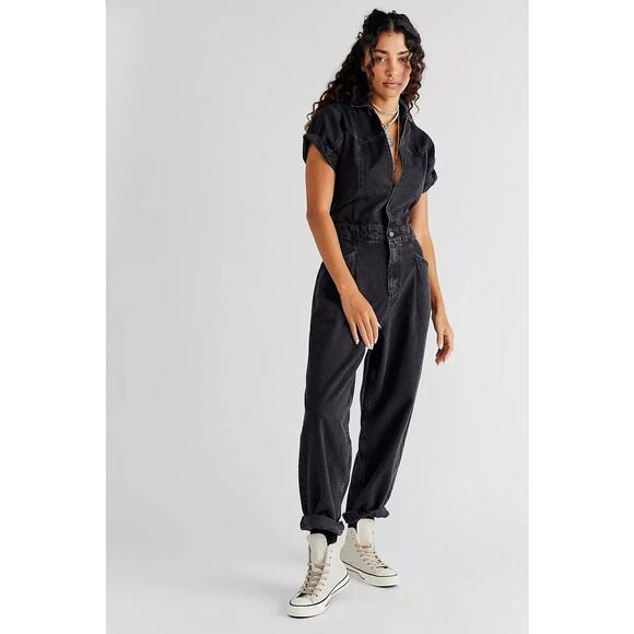 Free People Denim Marla Coverall Jumpsuit Black Tapered Short Sleeve Sz S Womens | Poshmark