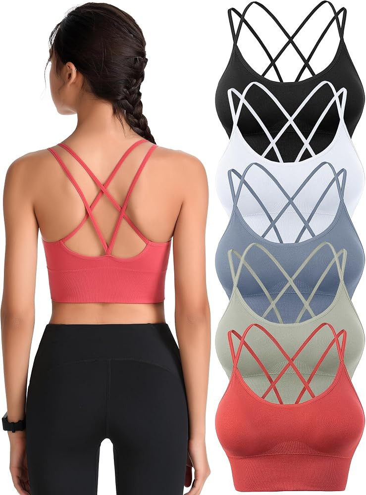 Padded Sports Bras for Women Strappy Cross Back Yoga Bras Pack for Workout Fitness Running Gym Lo... | Amazon (US)