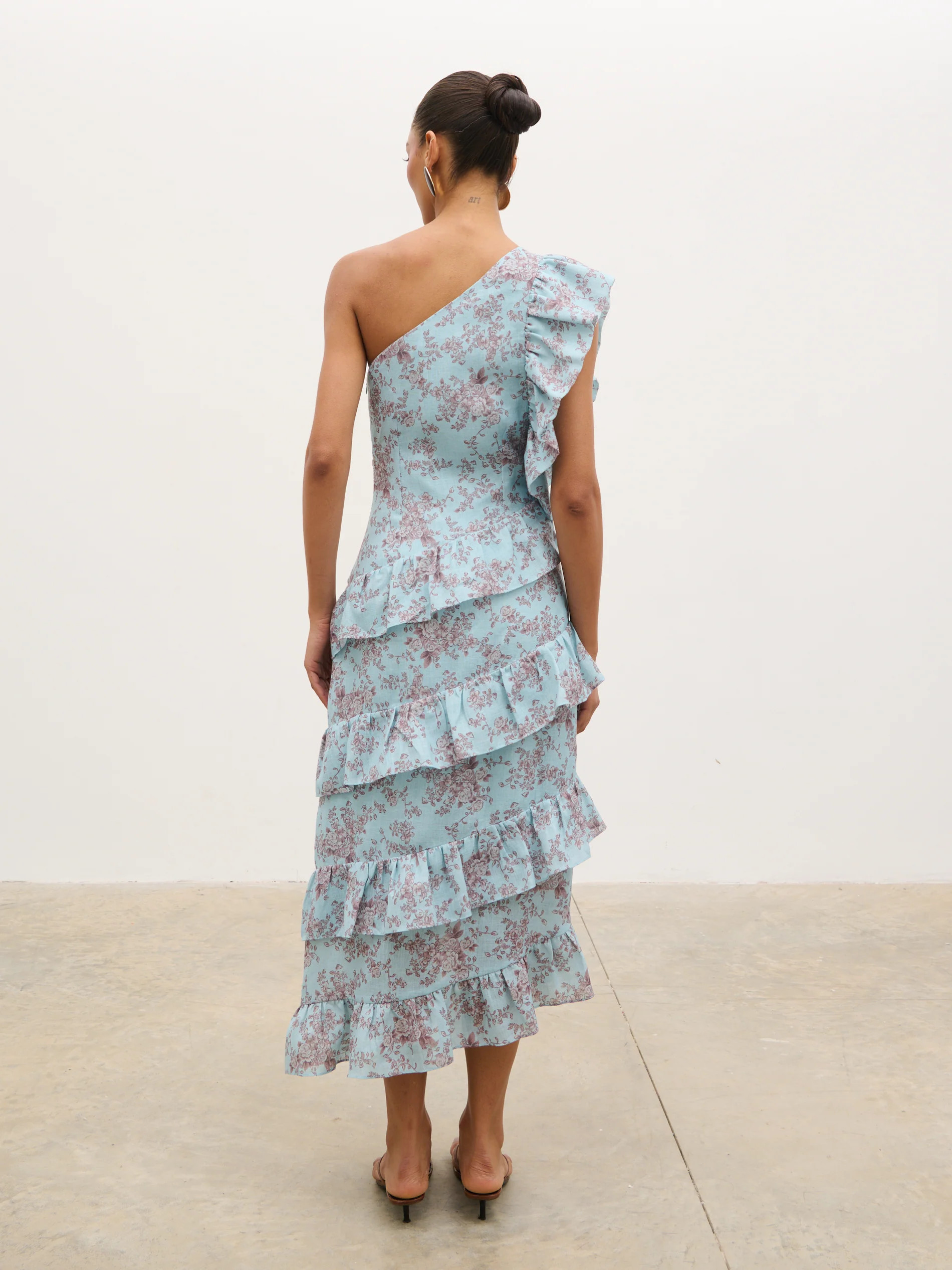 Fleur Tiered Frill One Shoulder Midaxi Dress - Seaspray and Brown Flor | Pretty Lavish (UK)
