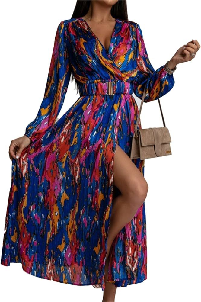 DAYUANDIAN 2023 Women’s Long Sleeve Bohemian Dress V-Neck Floral Print High Split Tie Wrap Midi... | Amazon (US)