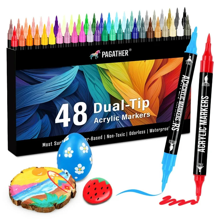 48 Colors Acrylic Paint Markers, Dual-Tip with Fine Tip and Brush Tip Pens for Stone, Wood, Calli... | Walmart (US)