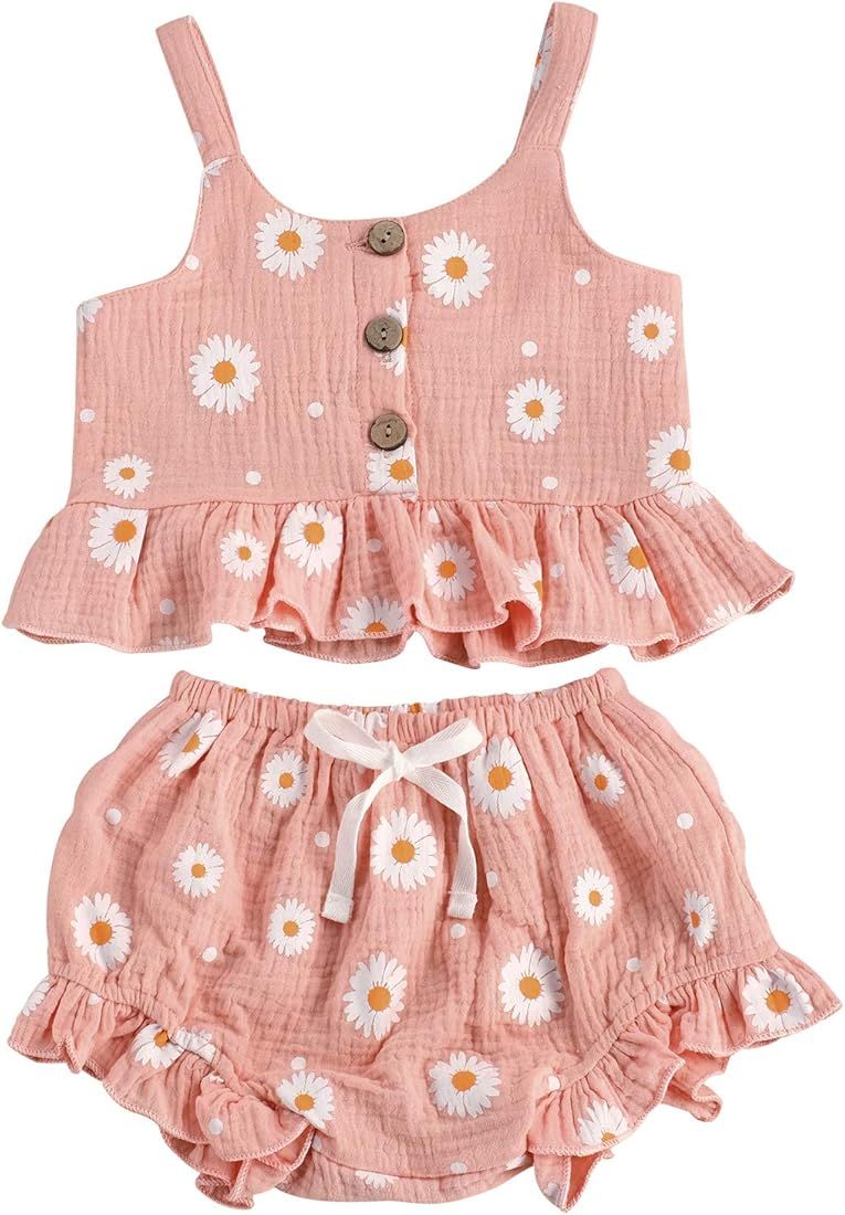 Toddler Baby Girl Cotton Linen Clothes Set Daisy Flower Print Sleeveless Ruffled Hem Tank Tops Sh... | Amazon (US)