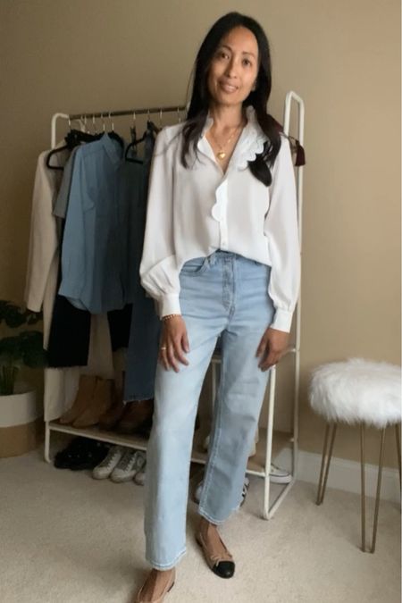 Blouse and jeans outfit. Spring outfit. 
Jeans you may want to size up. Top true to size. Ballet flats you may want to size down if u have narrow feet  

#LTKshoecrush #LTKover40 #LTKfindsunder100