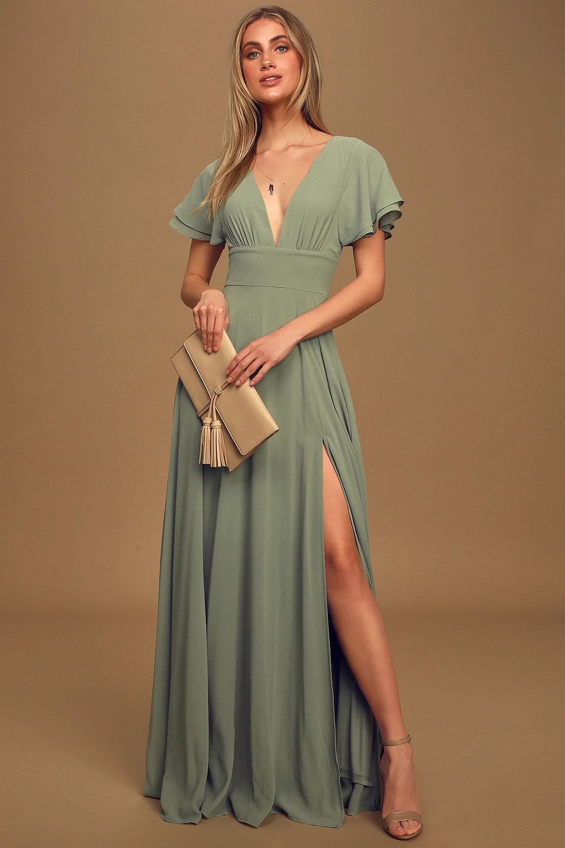 Promise Of Love Sage Brush Flutter Sleeve Maxi Dress | Lulus (US)