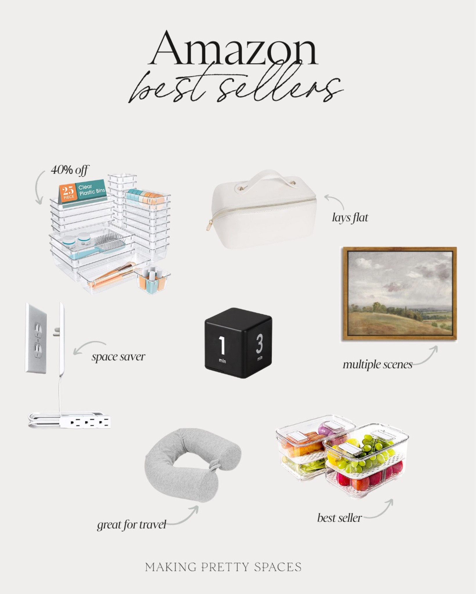 Shop these Amazon best sellers! 
Plastic organizers, travel makeup bag, artwork, timer, produce containers, travel neck pillow, outlet concealer

#LTKFind #LTKsalealert #LTKhome