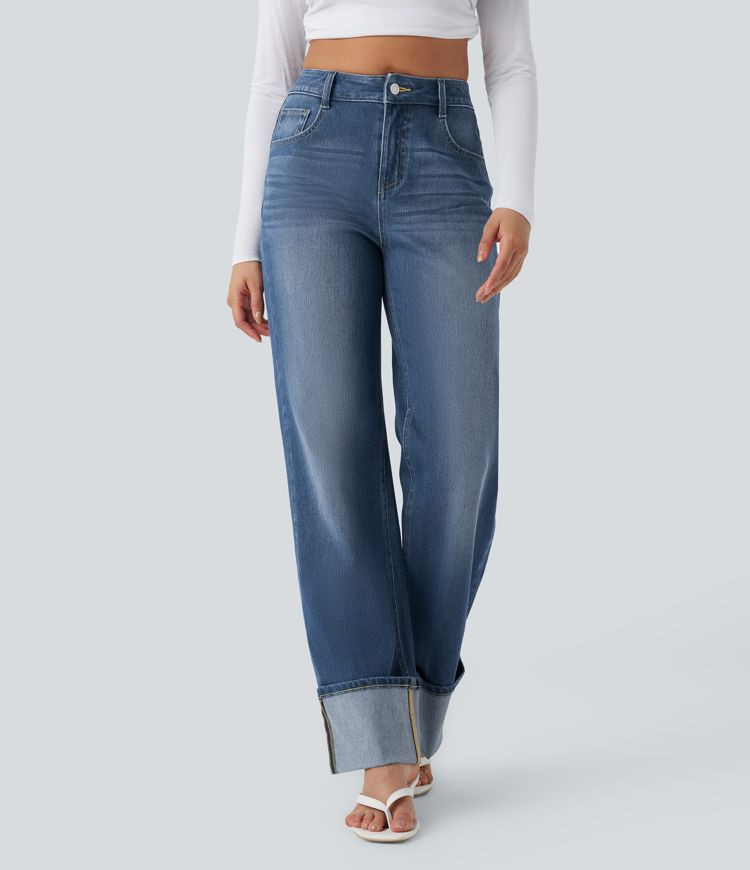 Halara Flex™ Mid Rise Rolled Hem Casual Straight Leg Jeans with Pockets | HALARA