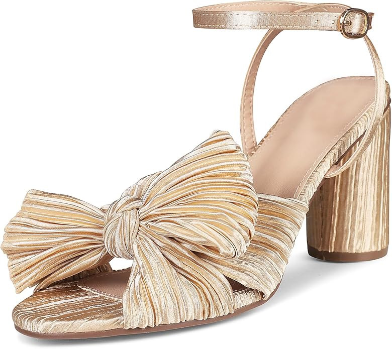 VIMISAOI Womens High Block Chunky Heel Sandals Fashion Open Toe Ankle Buckle Strap Pleated Bow He... | Amazon (US)