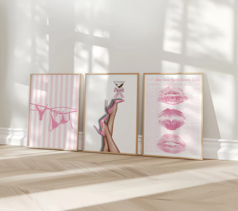 Retro Coquette Wall Art Set of 3 – Pink Lips, Bikini & Bow Heels Prints – Y2K Girly Room Deco... | Etsy (US)