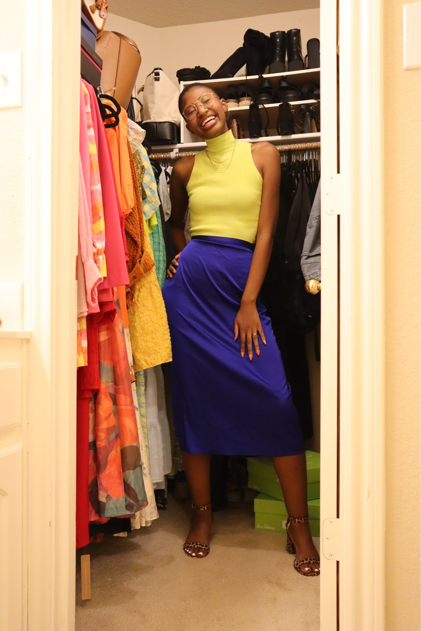 Transitional color blocked look—neon green top + cobalt blue satin midi skirt 

#LTKstyletip #LTKunder100
