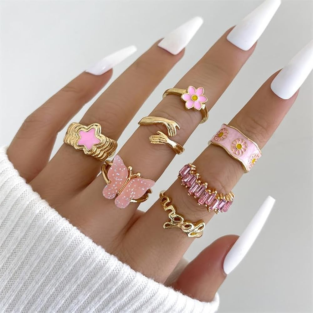 RINHOO FRIENDSHIP 4-7pcs Pink Stackable Rings Set For Women - Boho Gold Plated Hug Butterfly Flow... | Amazon (US)