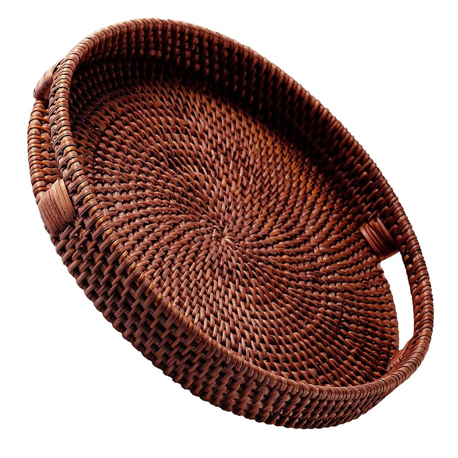 JUNGLE CULTURE Large Rattan Serving Tray 14" in Brown • Round Table Basket • Wicker Ottoman T... | Amazon (US)