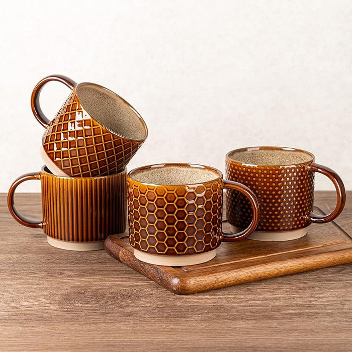 GBhome 15 OZ Stackable Coffee Mugs Set of 4, Ceramic Coffee Cups Set | Amazon (US)