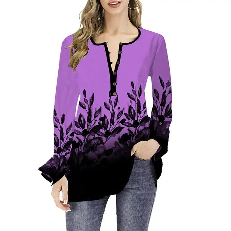 Bomotoo Casual Floral Top Tee for Women Henley V Neck Blouse Shirt Ruffle Long Sleeve Tunic Plus ... | Walmart (US)