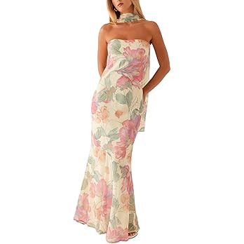 Women Strapless Floral Dress with Sarf Mesh Tube Maxi Dress Summer Cocktail Wedding Guest | Amazon (US)