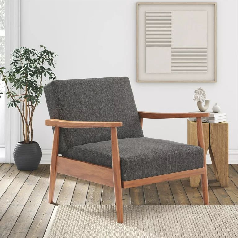 Better Homes & Gardens Mid Century Solid Wood Reclining Accent Chair with Upholstered Seat, Gray | Walmart (US)