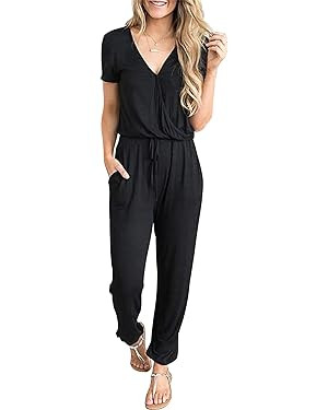 PRETTYGARDEN Women's Summer Casual Deep V Neck Short Sleeve Wrap Drawstring Waist Jumpsuit Romper | Amazon (US)