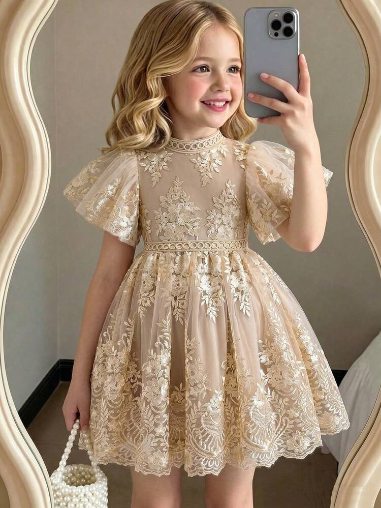 Summer White Sequin Wedding Dress,Young Girl Floral Embroidery Ruffle Sleeve Elegant Lace Dresses... | SHEIN