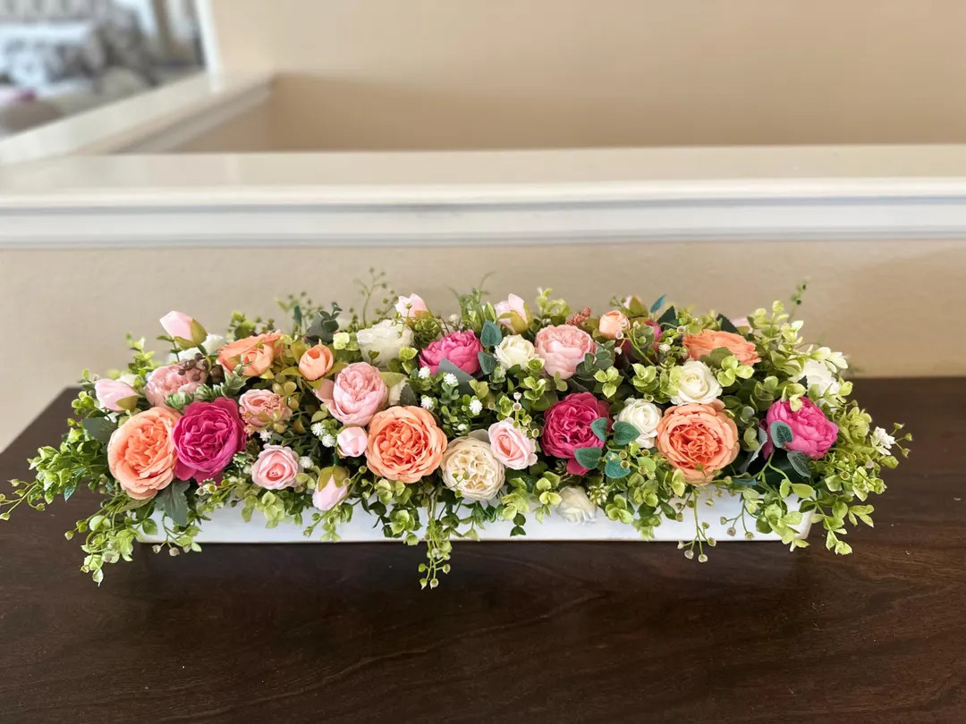 Farmhouse Planter Box Centerpiece With Greenery, Rustic Table Centerpiece, Floral Arrangements Wi... | Etsy (US)