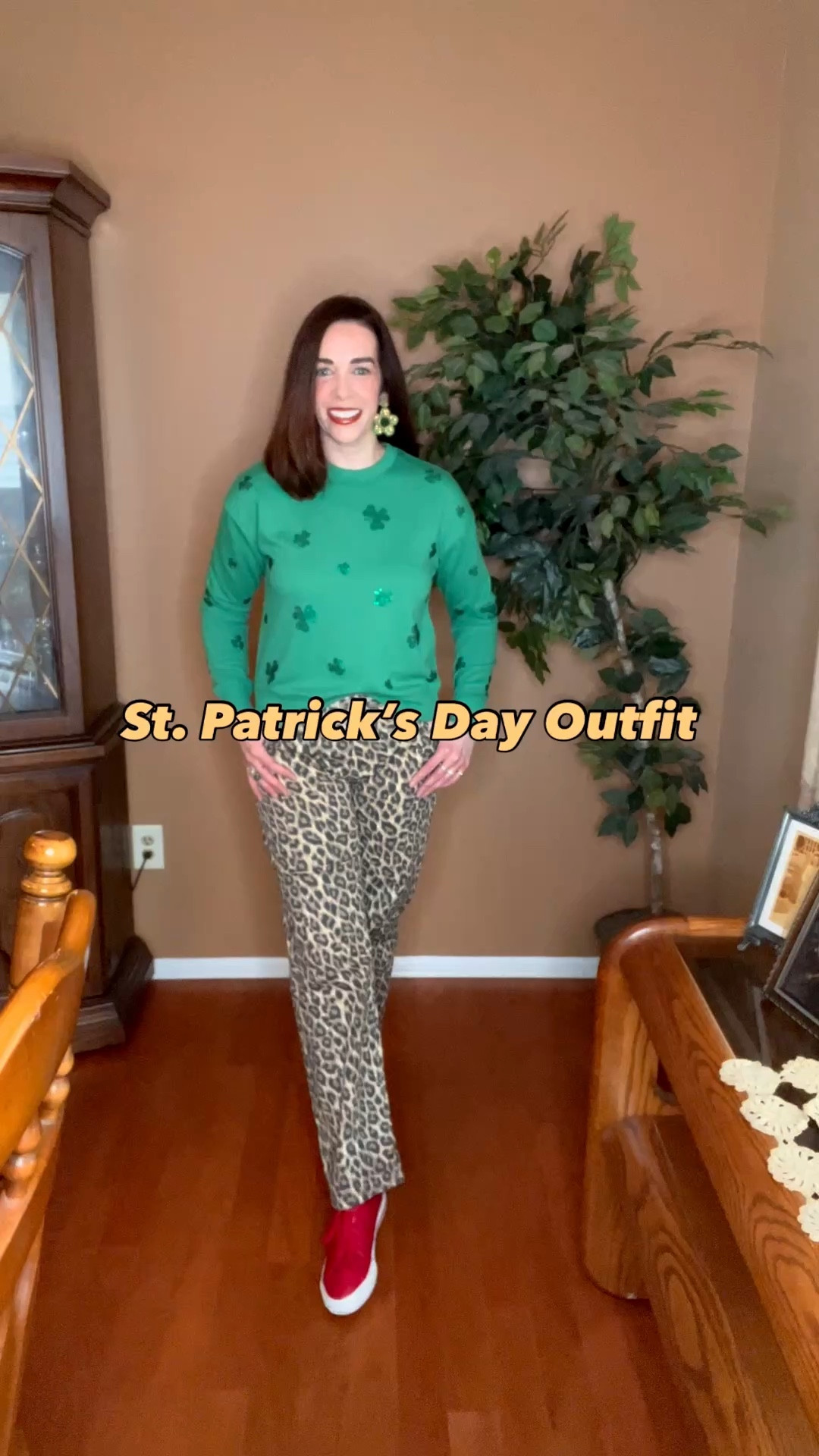 Green shamrock sweatshirt (xs). Leopard jeans (4). Red sneakers (8.5). #sweatshirt #shamrocksweatshirt #greensweatshirt #jeans #leopardjeans #sneakers #redsneakers #springoutfit #stpatricksdayoutfit 
spring outfits 2026 @Marshalls @TJ Maxx @Guess @Macys 

#LTKootd #LTKSeasonal
