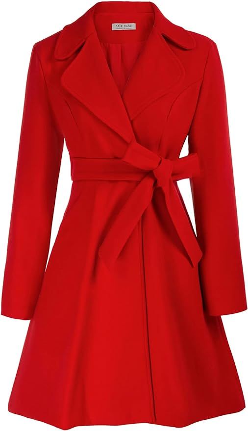 Kate Kasin Women A Line Peacoat Dress Coat Belted Notch Lapel Overcoat Fall Winter Trench Coats | Amazon (US)