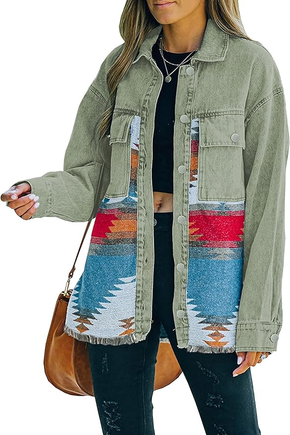 Lumister Women's Aztec Denim Jacket Distressed Lapel Long Sleeve Vintage Button Down Denim Jacket... | Amazon (US)