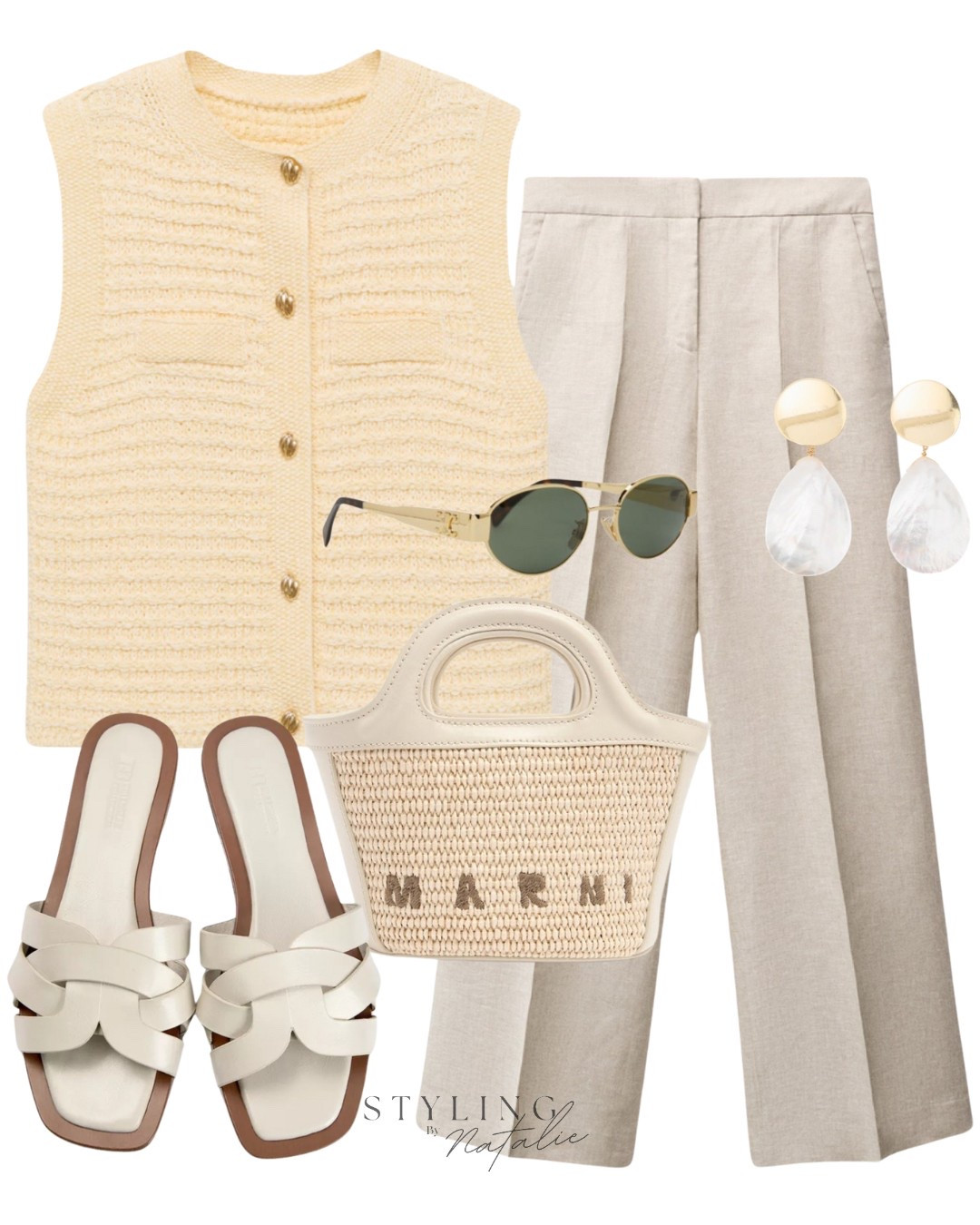Butter yellow knit waistcoat with gold buttons, linen wide leg trousers, beige slides, pearl earrings, Celine sunglasses & Marni raffia bucket bag.
Spring summer outfit, pale yellow button up vest, linen pants, sandals, summer bag, casual chic.

#LTKsummer #LTKuk #LTKeurope