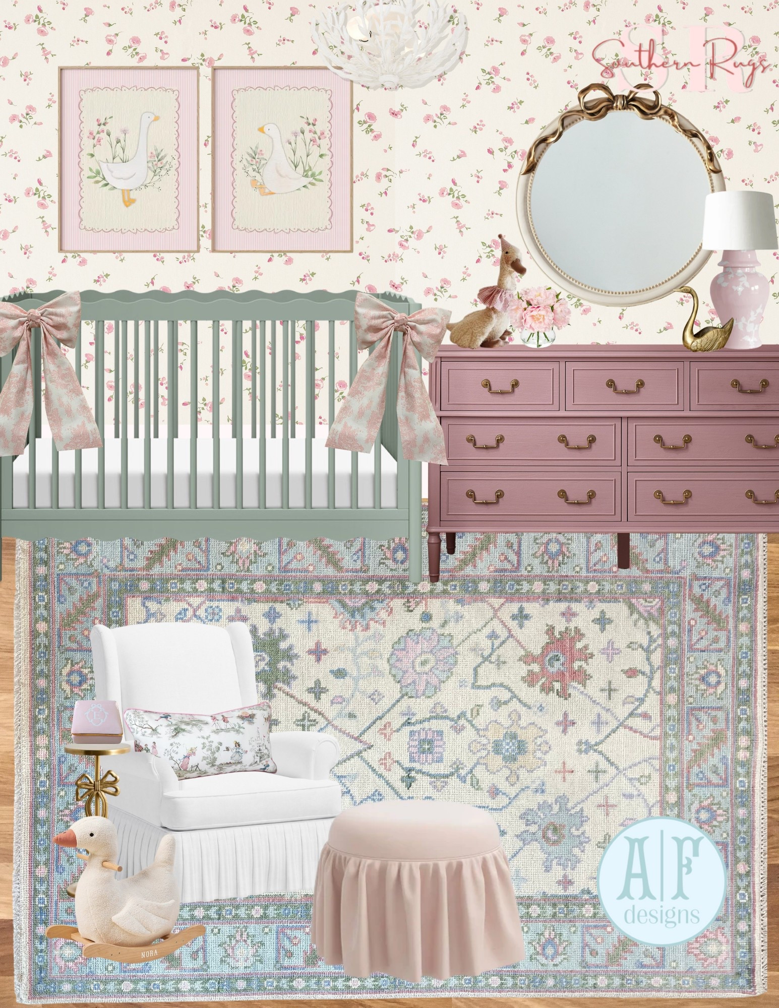 nursery rhymes/mother goose inspired nursery!🪿🎀 loving these girly and whimsical touches that make this room so sweet💖 
rug: the “dolly” from @southernrugstx 🫶🏼

#LTKHome #LTKBaby #LTKKids
