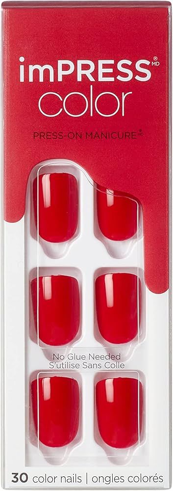 KISS imPRESS Color Polish-Free Solid Color Press-On Nails, PureFit Technology, Short Length, 'Red... | Amazon (US)