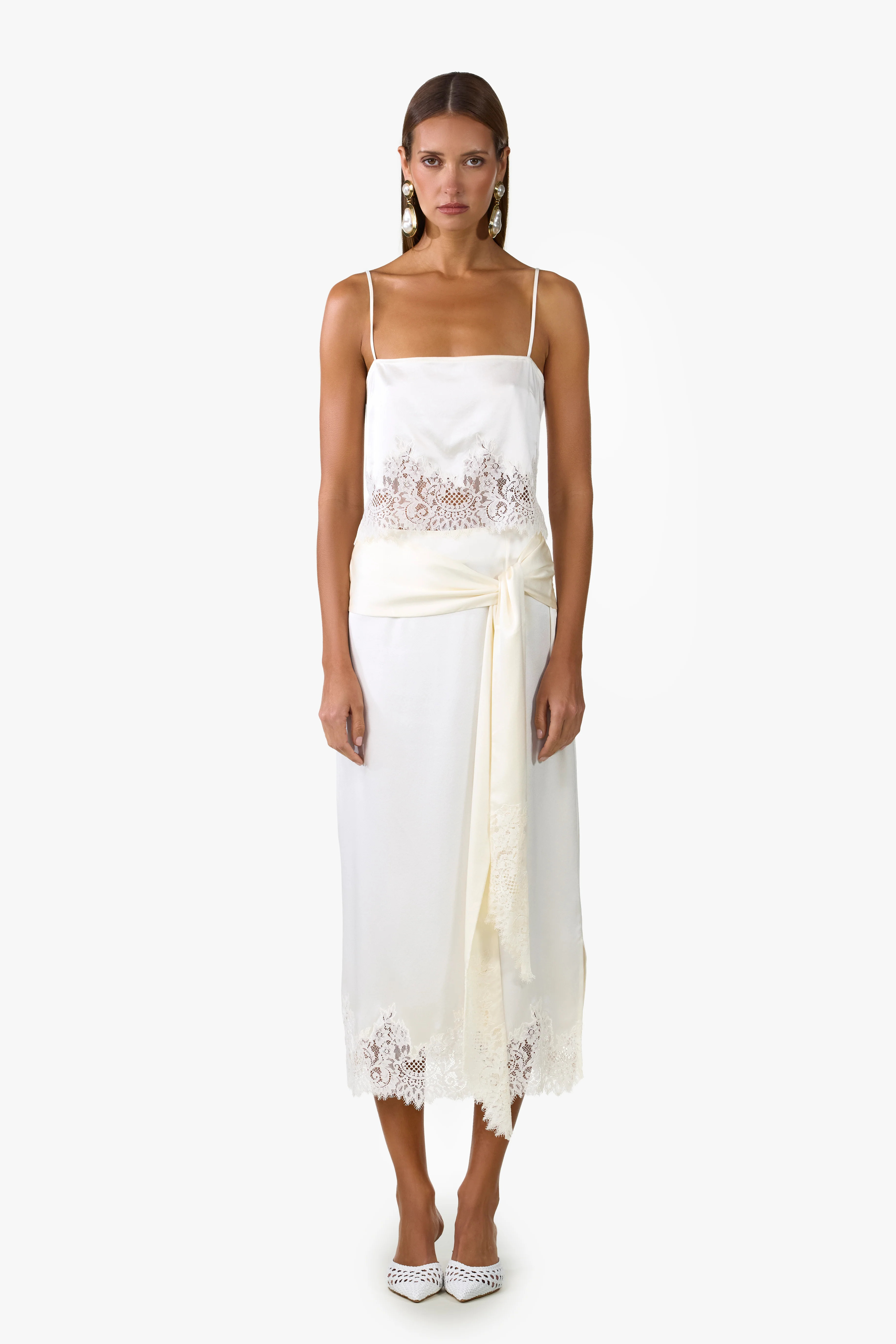 Lace Silk Midi Skirt (Cream) S / Cream | SAME