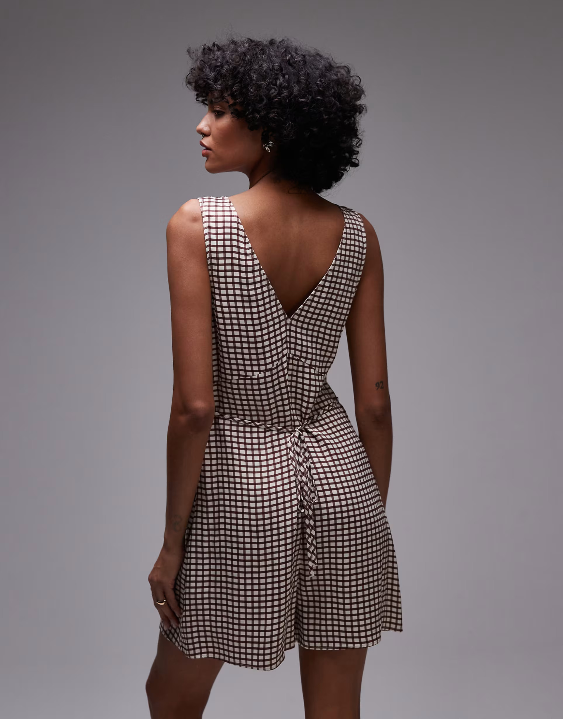 Topshop v neck satin playsuit in small brown check | ASOS (Global)