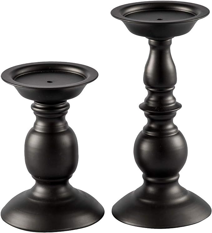 Black Metal Pillar Candle Holders Set of 2, Decorative Candlestick Candle Holders Stand, Decorati... | Amazon (US)