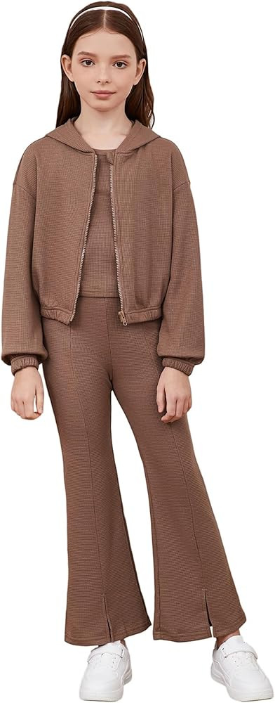 Floerns Girls Long Sleeve Hoodie Tank Split Flare Pants Set Three Piece Outfit | Amazon (US)