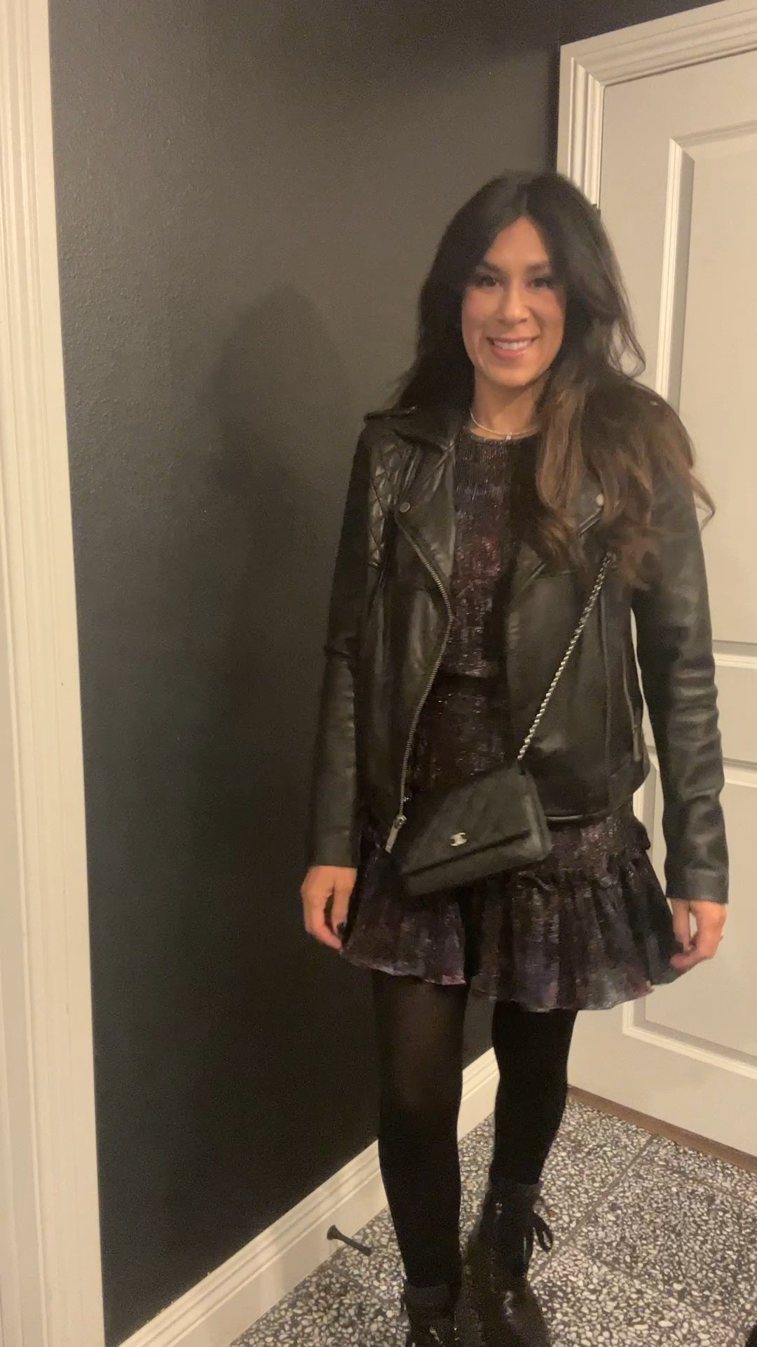 Channeling edgy vibes with a touch of sparkle ✨ Leather jacket meets twirl-worthy dress – the perfect combo for a night out. #OOTD #StyleWithEdge #ChicAndSparkly