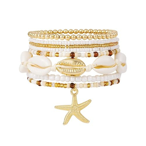 LALAPPLE Shell Bracelet Boho Beaded Stretch Bracelets for Women Seashell Strand Bracelets Starfish Charm Jewelry Summer Beach Jewelry Stackable Crystal Gold Plated Beads Bracelet for Women | Amazon (US)