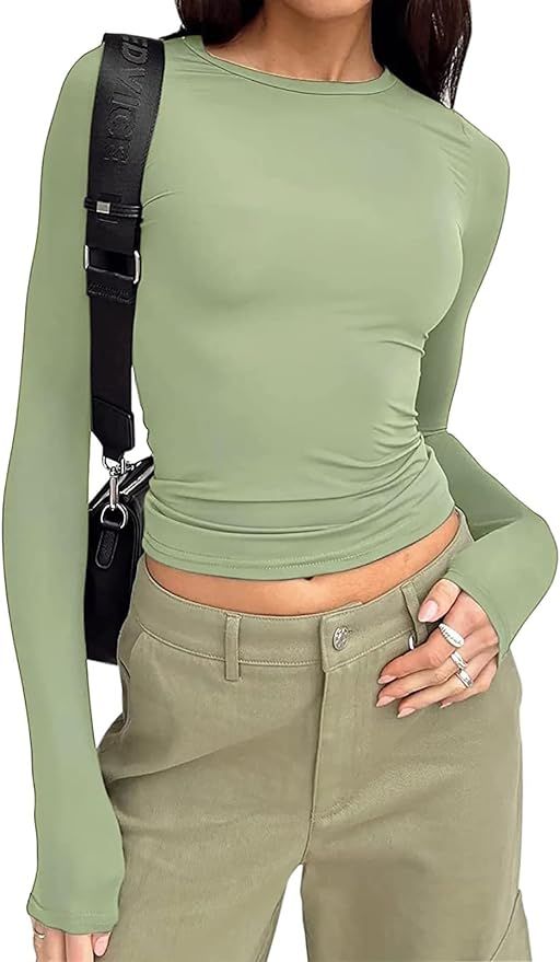 Hafailia Fitted Basic Long Sleeve Shirt Women - Casual Y2K Long Sleeve Tops Crewneck Slim Fit Tsh... | Amazon (US)