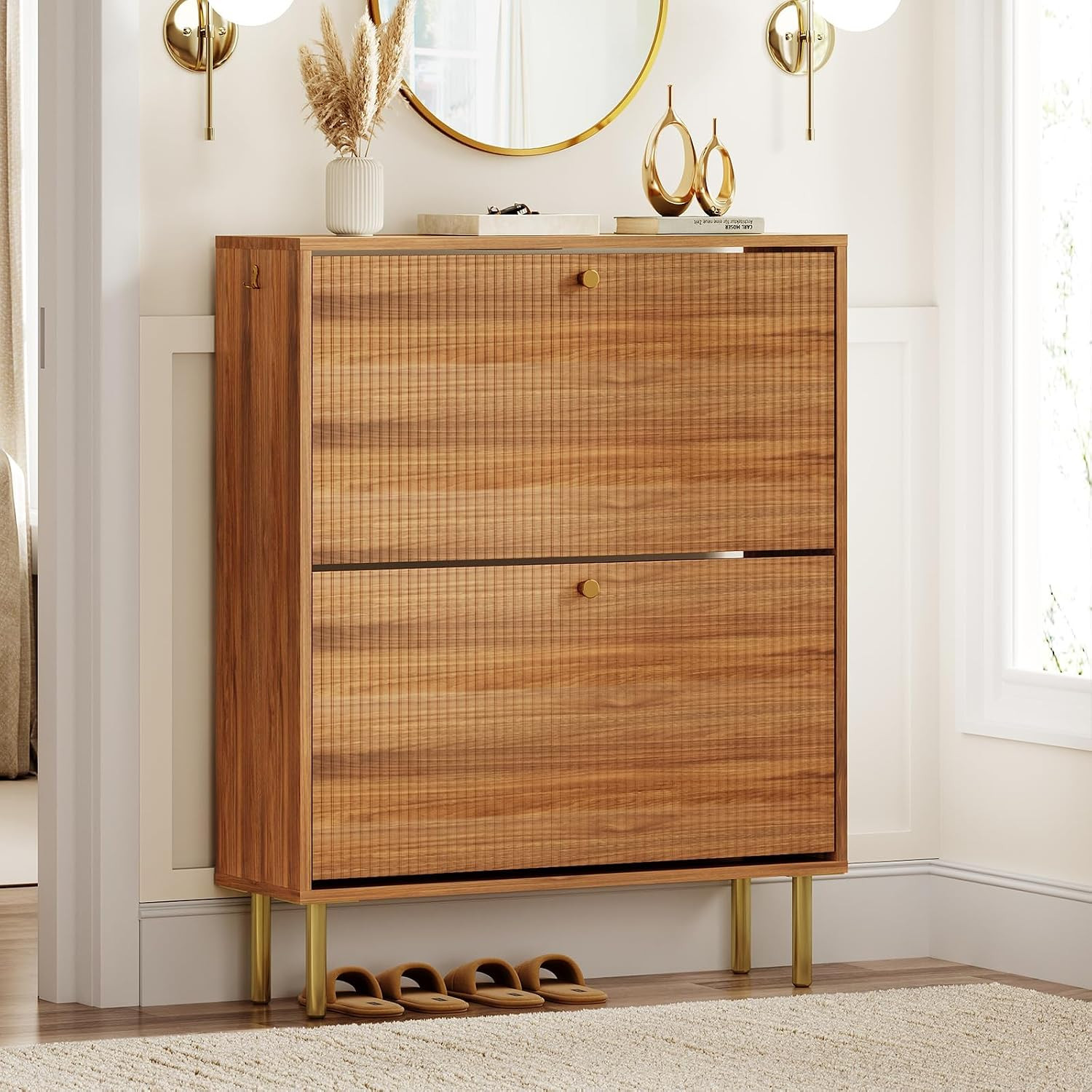 Amazon.com: Nicetree Shoe Storage Cabinet for Entryway - 2 Flip Drawers Shoe Cabinet with Tiered Fluted Design | Amazon (US)
