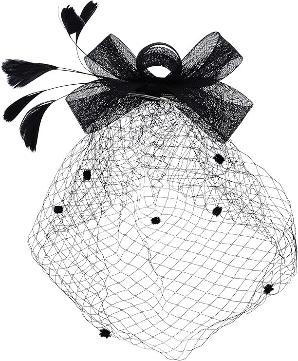 Bowknot Fascinator Hat Feathers Veil Mesh Headband and Short Lace Gloves Floral Lace Gloves | Amazon (US)