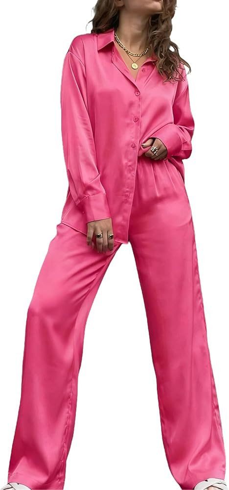 Ekouaer Womens Satin Silky Pajama Set 2 Piece Print PJs Soft Loungewear Button Down Sleepwear wit... | Amazon (US)