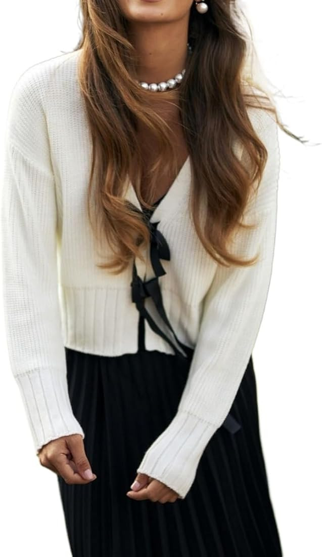 Women's Cropped Cardigans V Neck Bow Tie Long Sleeve Knit Trendy Sweaters Open Front Outerwear To... | Amazon (US)