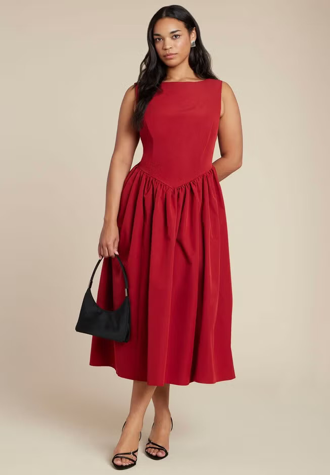Boat Neck Flare Midi Dress | Eloquii