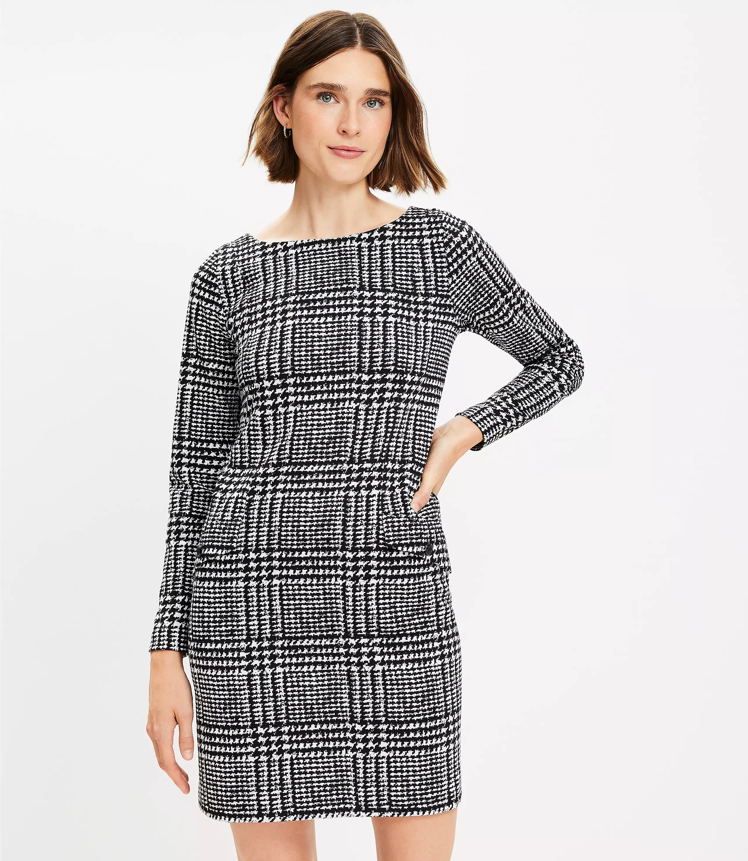 Houndstooth Button Back Pocket Dress | LOFT