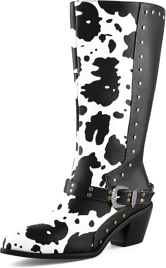 Cozivwaiy Cow Print Boots Women Studded Mid Calf Buckle Biker Boots Chunky Heel Zipper | Amazon (US)