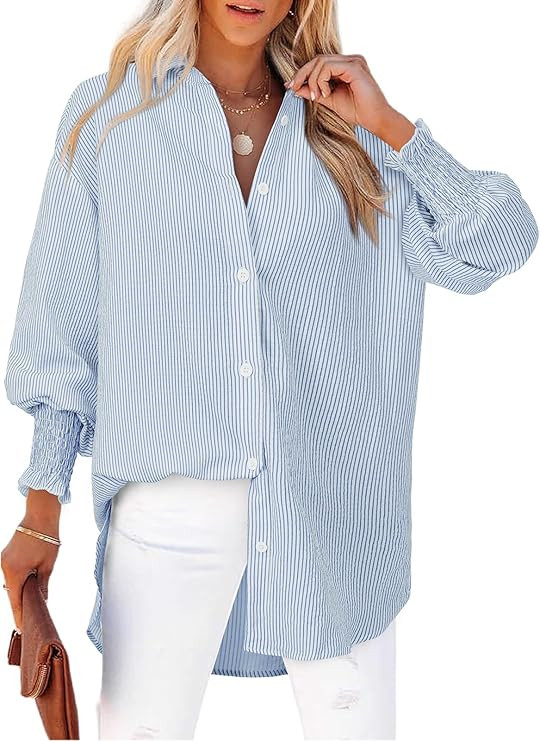 Women's Striped Button Down Shirts Long Sleeve Smocked Cuffed Oversized Boyfriend Blouses Collare... | Amazon (US)
