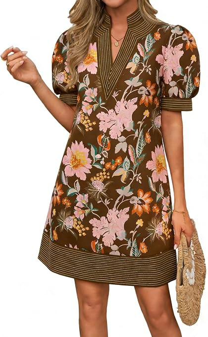 Wenrine Womens Summer V Neck Puff Short Sleeve Boho Mini Shift Dresses | Floral Print, Color Bloc... | Amazon (US)
