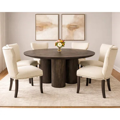 Sullivan 63" Round Dining Table Set With 6 Ivory Chairs | Wayfair North America