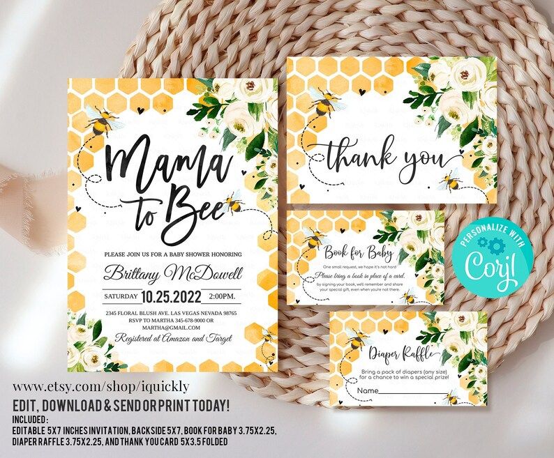 Editable Mama to Bee Baby Shower Invitation Set Gender Neutral Bundle Invite Package Printable Te... | Etsy (US)
