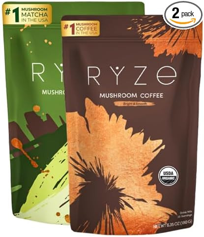 RYZE SUPERFOODS All Day Energy Bundle with Mushroom Medium Roast Coffee + Mushroom Matcha, USDA O... | Amazon (US)